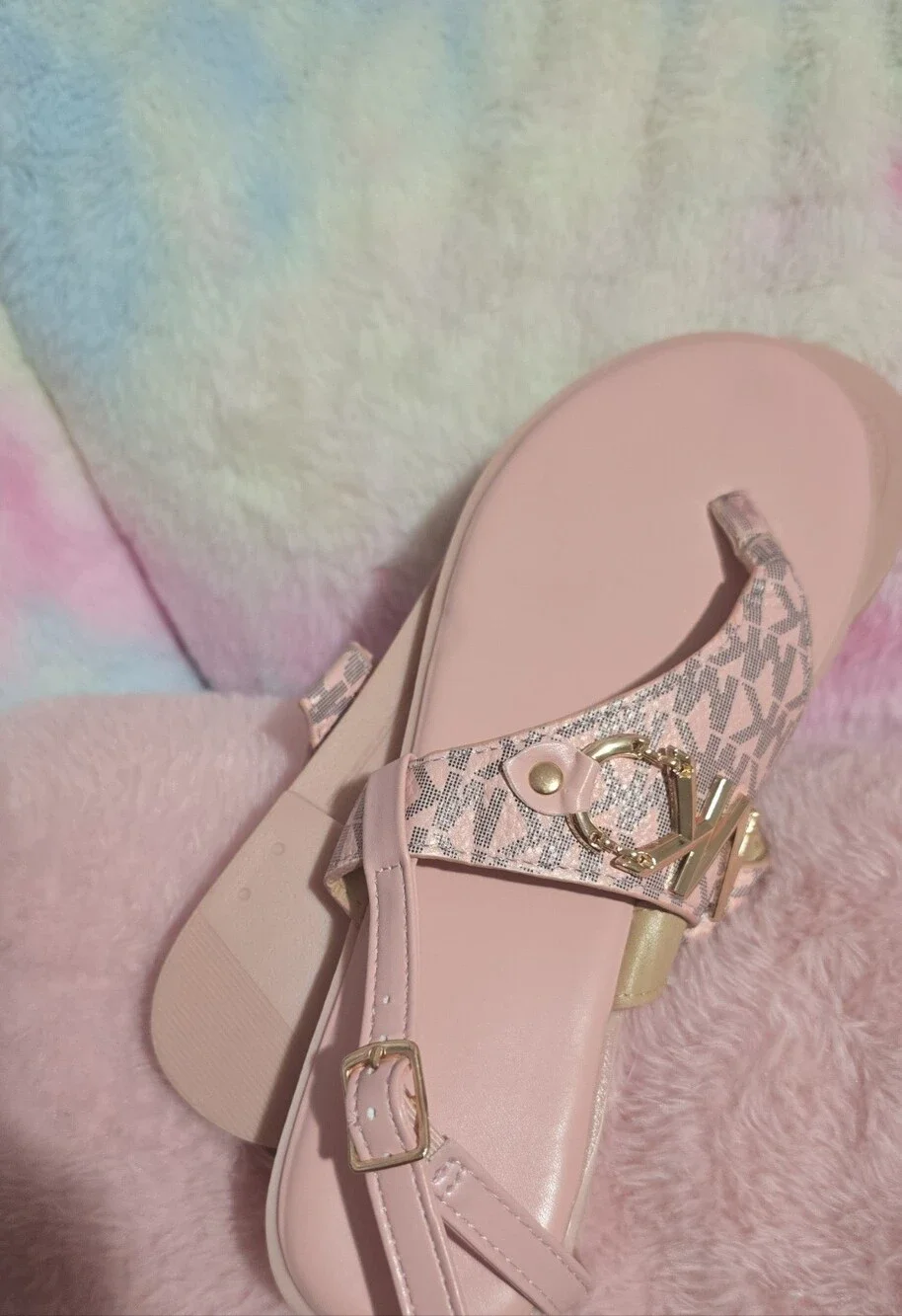 Michael Kors Pink Logo Thong Sandals with Gold Accents